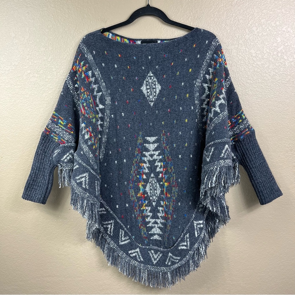 Chenille poncho style sweater with sleeves and fringe